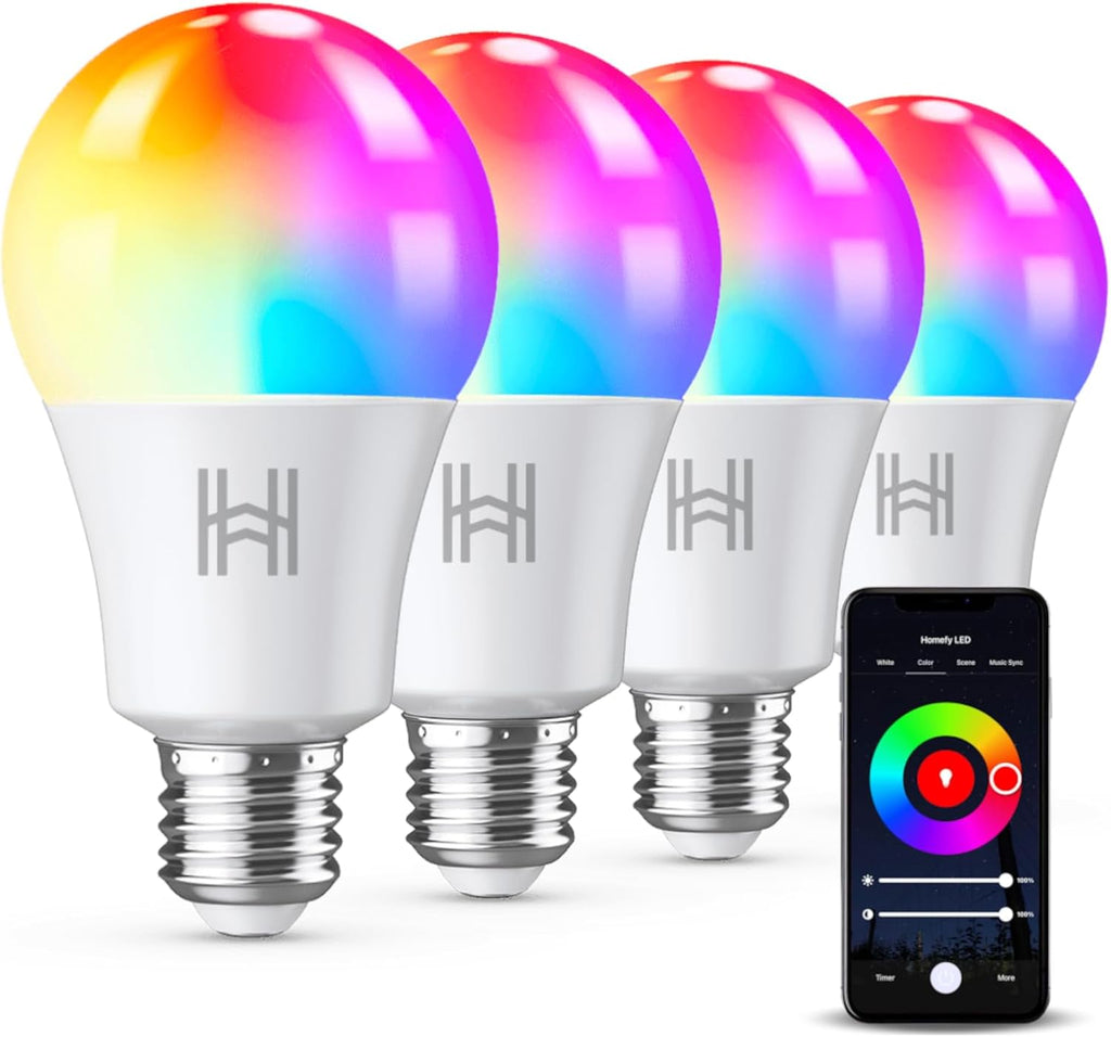 Smart Light Bulbs 4 Pack, A19 Color Changing LED (800 Lumens), WiFi & Bluetooth, Music Sync, Compatible with Alexa & Google Assistant, No Hub Needed, 16 Million Colors
