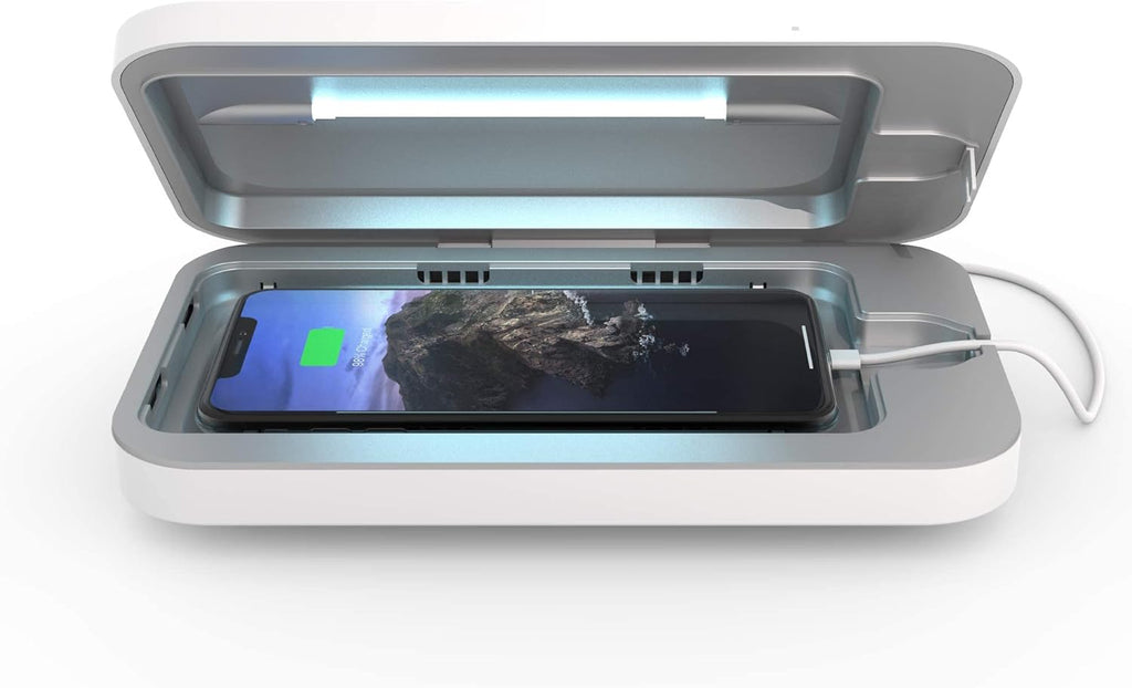 PhoneSoap Go Battery Powered UV Cell Phone Sanitizer & Universal Phone Charger Box | Patented & Clinically Proven 360-Degree UV Sanitizer Box for Smartphones | Disinfects & Charges On The Go (White)