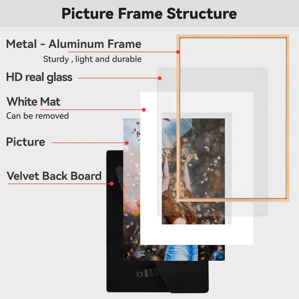 6x9 Picture Frame, Gold Aluminum Metal Photo Frames with HD Glass, Fits 5x7 with Mat or 6 x 9 without Mat, Display for Wall and Table