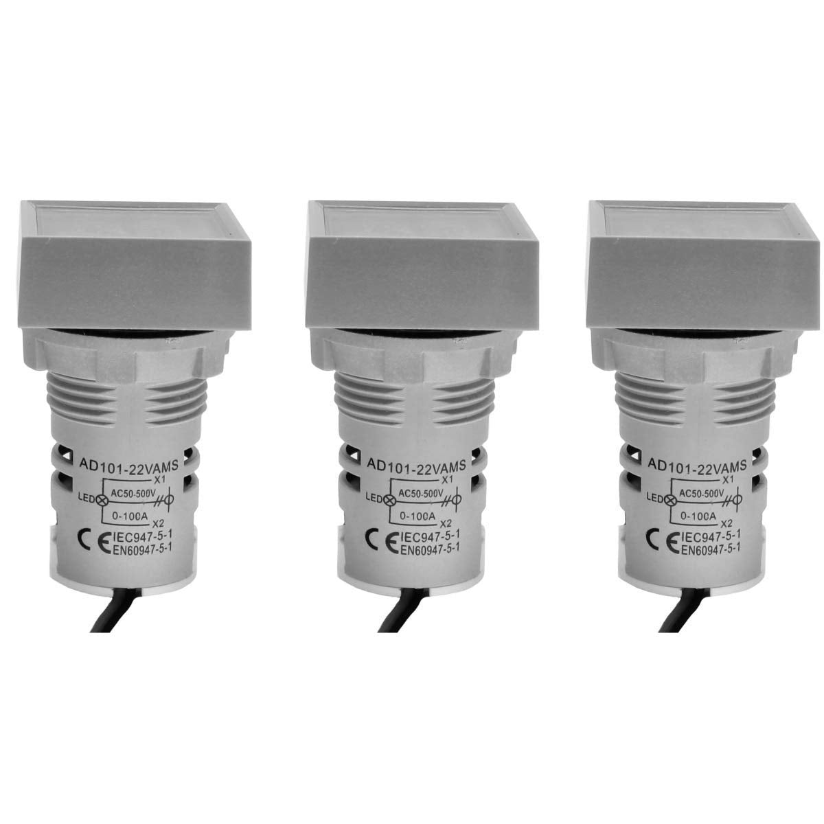 LED Voltage Display Panel Mount Volt Amp Meter, AD101-22VAMS 22mm Square Voltmeter and Ammeter, AC50-500V Voltage and 0-100A Current Meter, Grey (3 Pack)
