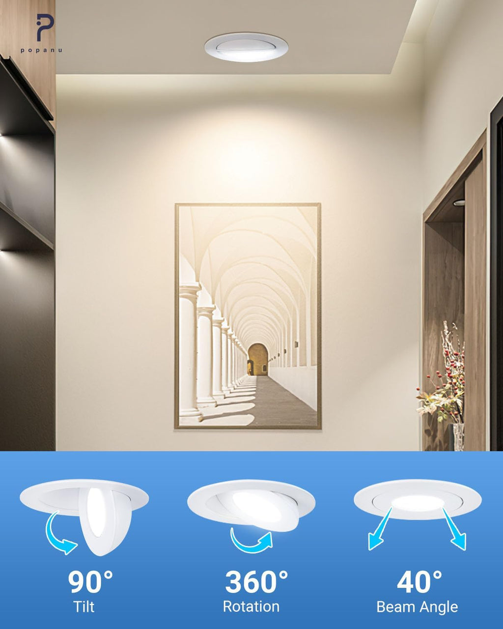 Recessed Lighting 4 inch Gimbal 9W 5CCT Swivel Ceiling Eyeball Spotlight 4inch Dimmable Recessed Lights, Soffit Indoor Directional Lighting, 90° Tilt and 360° Rotation White 2 Pack