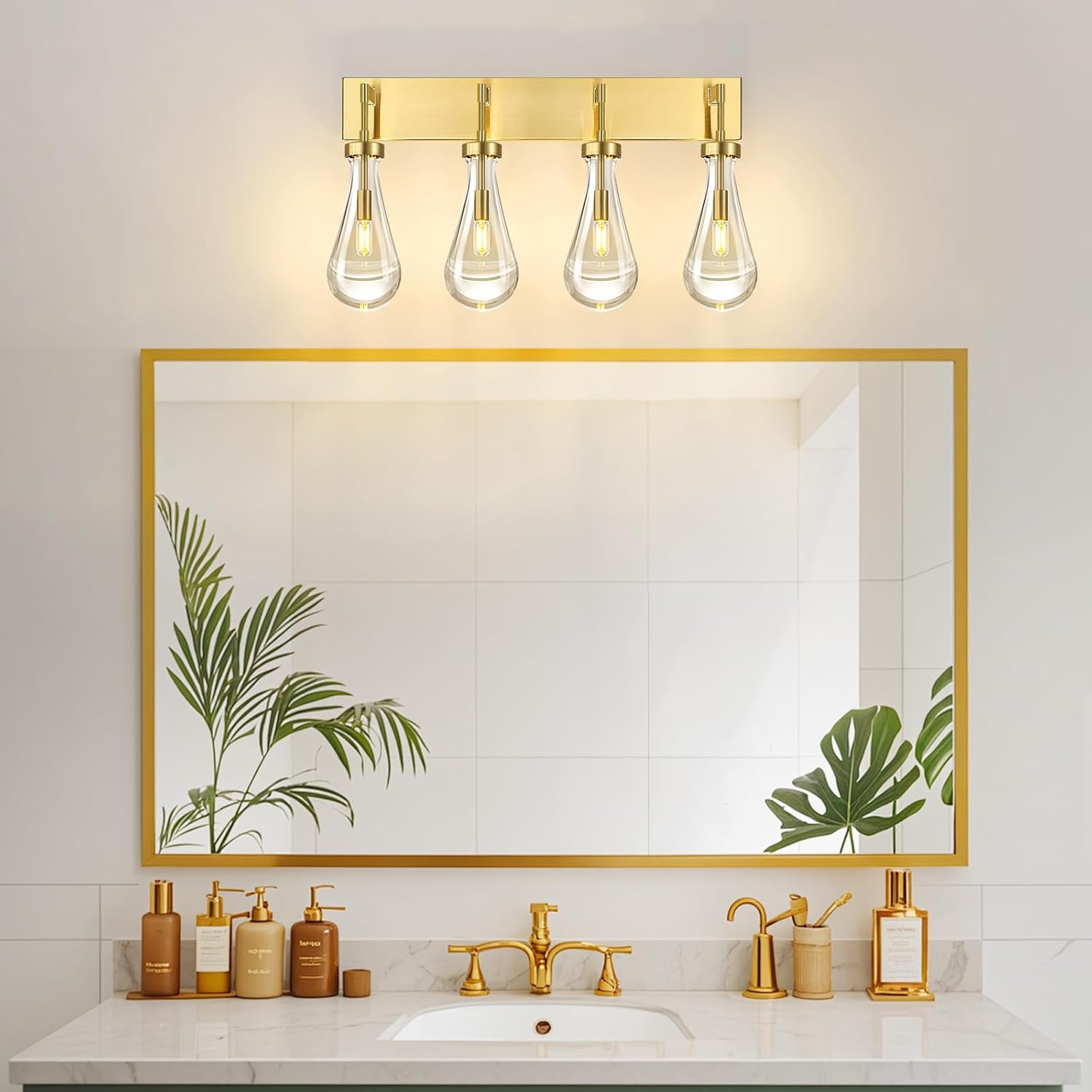 Raindrop Wall Sconces Gold Crystal Sconces Wall Decor Modern Lighting Glass Bathroom Sconces Indoor Vanity Light Wall Lamp for Bedroom Living Room Stair(4-Light)