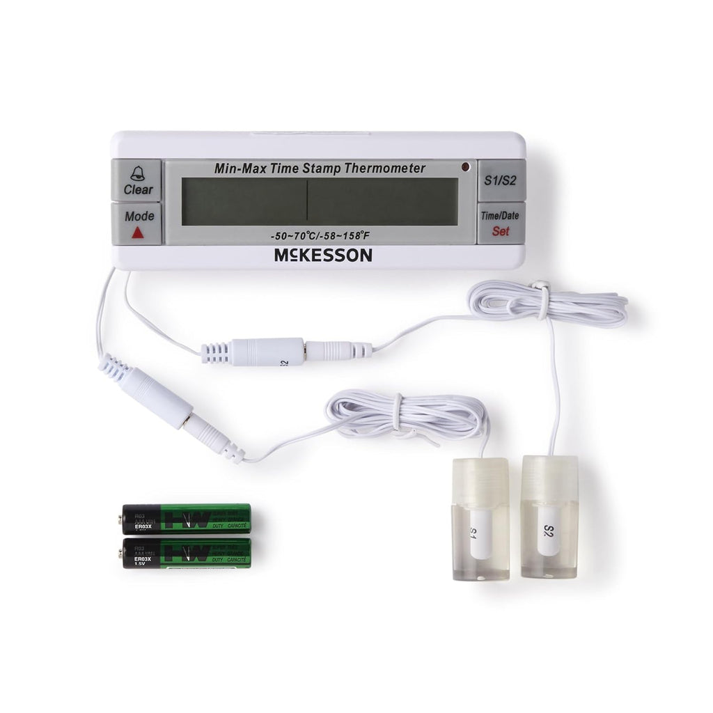 McKesson Refrigerator and Freezer Thermometer with Alarm, Dual-Probe - Waterproof Digital Display Max/Min Temperatures, 1 Count