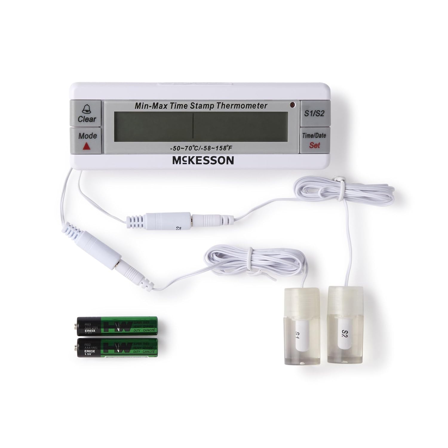 McKesson Refrigerator and Freezer Thermometer with Alarm, Dual-Probe - Waterproof Digital Display Max/Min Temperatures, 1 Count