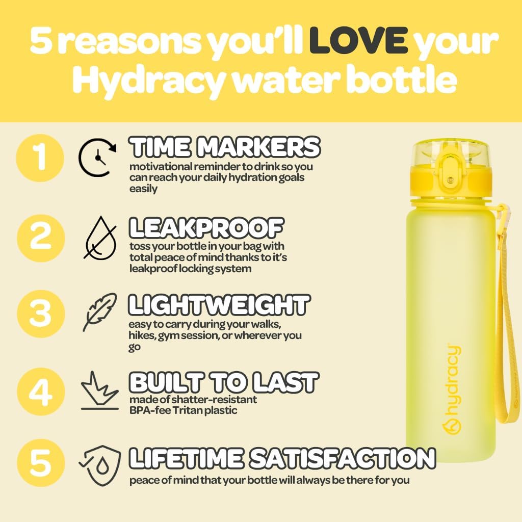 Hydracy Water Bottle with Time Marker -Large BPA Free Water Bottle & No Sweat Sleeve -Leak Proof Gym Bottle with Fruit Infuser Strainer & Times to Drink -Ideal for Fitness Sports & Outdoors