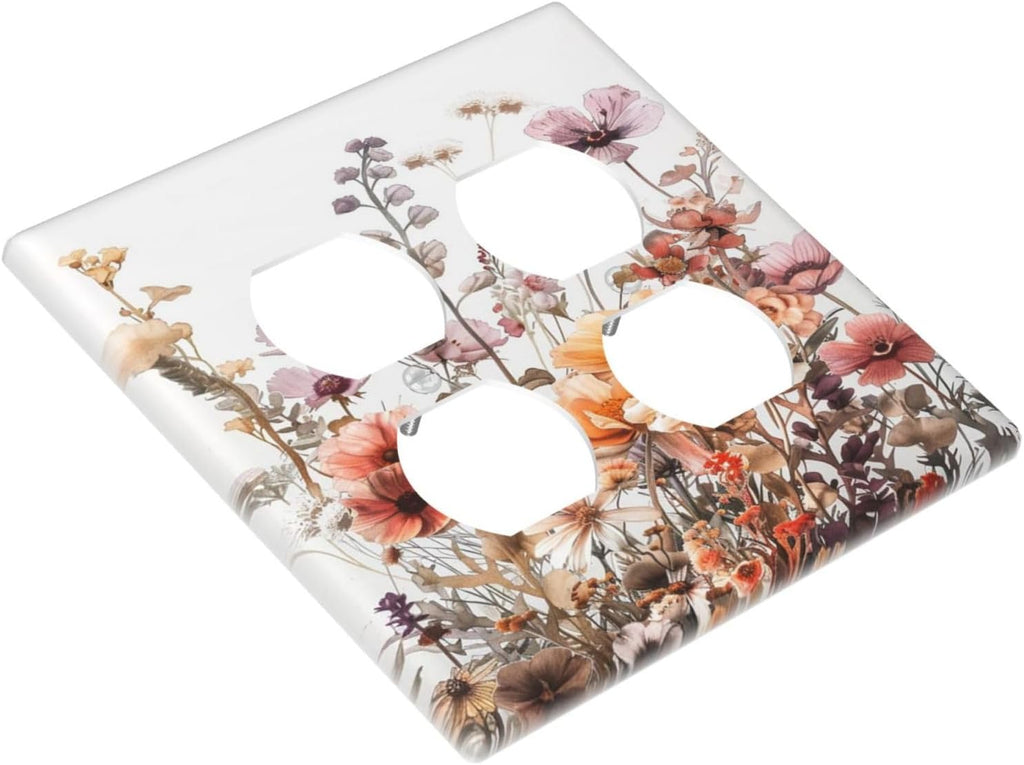 Boho Nursery Wildflower Flora Vintage Flower Outlet Covers 2 Gang Double Duplex Decorative Light Switch Covers Electrical Wallplates Socket Faceplate for Bedroom Living Room Decor