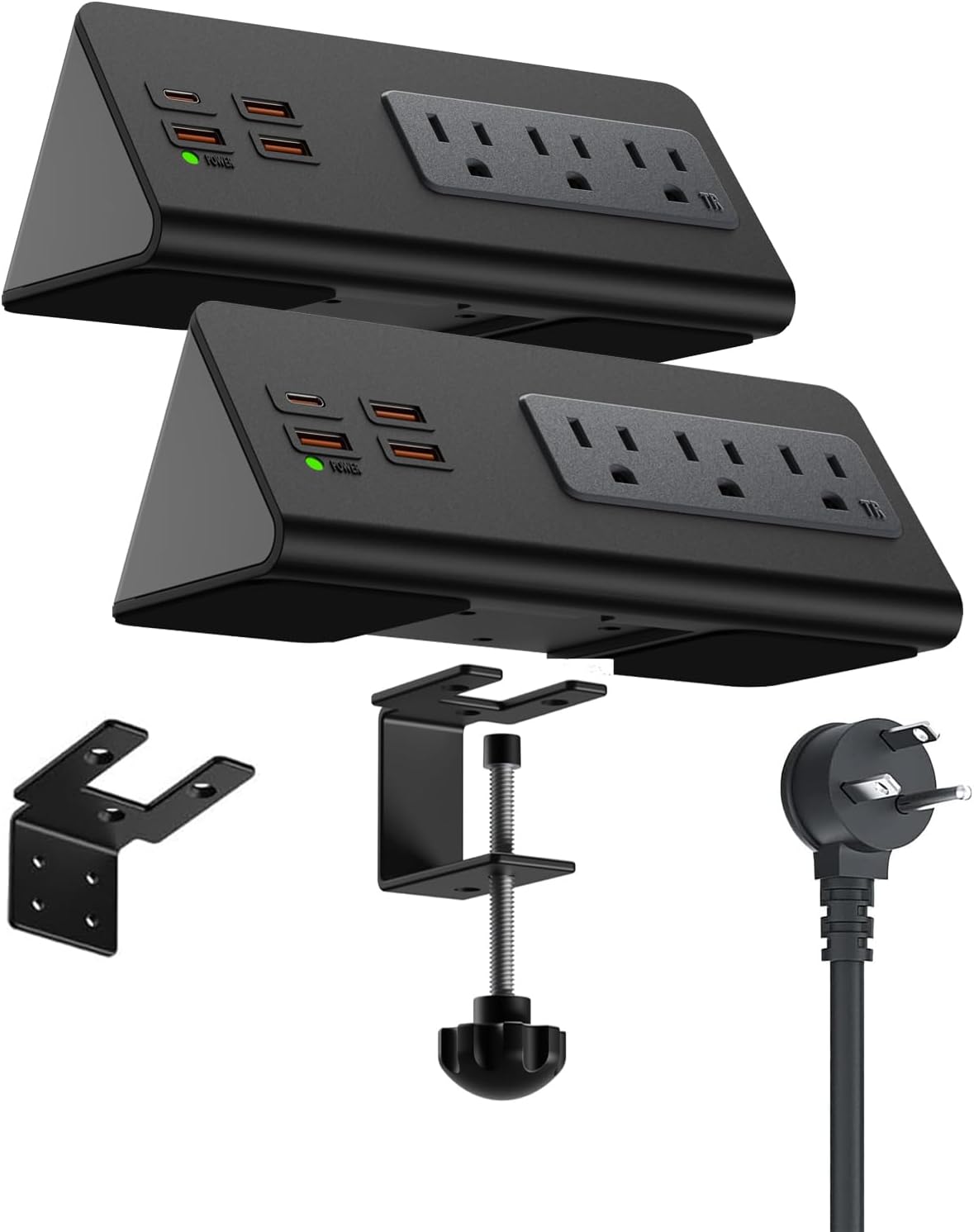 Power charge station edge clamp mount with USB-C portsTabletop Surge Protector Desk Clamp Power Sockets with 3 AC Outlets and 4 Fast Charging USB Ports for Home Office Hotel and Dormitory (Black-2pcs)