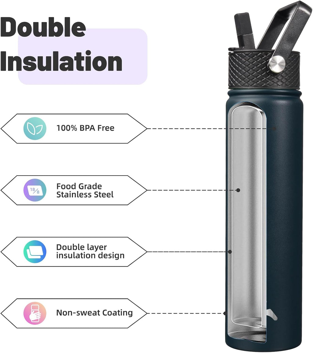 Insulated Water Bottle 24oz Stainless Steel Sport Bottles with 3 Lids,Navy Blue