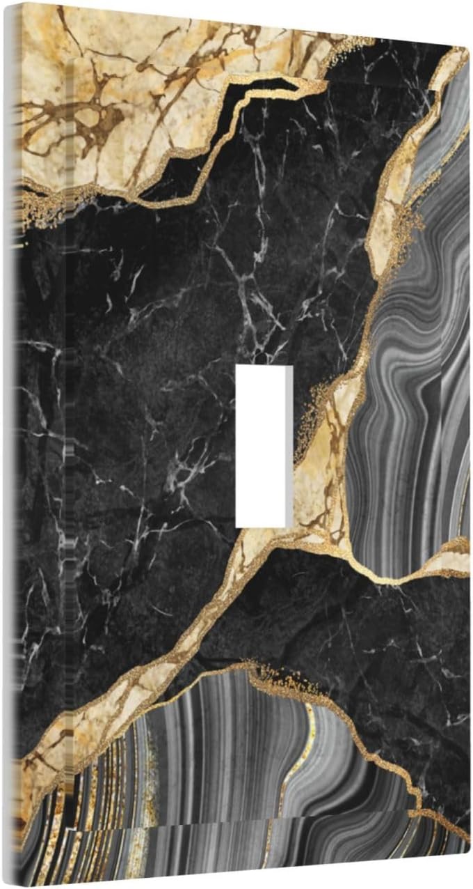 Decorative Light Switch Plate Covers Modern Abstract Black Gold Marble 1 Gang Light Switch Cover Plate Single Toggle Wall Plate Outlet Covers Faceplate for Bathroom Decor （2 Pack）