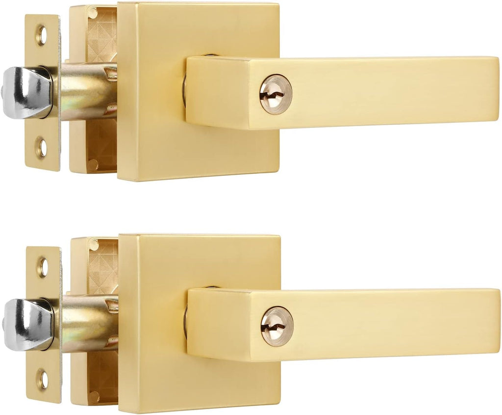 2 Pack Gold Door Handles Interior with Keys(Keyed Alike), Exterior Door Handles Brass Door Knobs, Gold Door Knobs Interior and Locked Inside with Button, Left or Right Handing