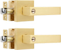 2 Pack Gold Door Handles Interior with Keys(Keyed Alike), Exterior Door Handles Brass Door Knobs, Gold Door Knobs Interior and Locked Inside with Button, Left or Right Handing