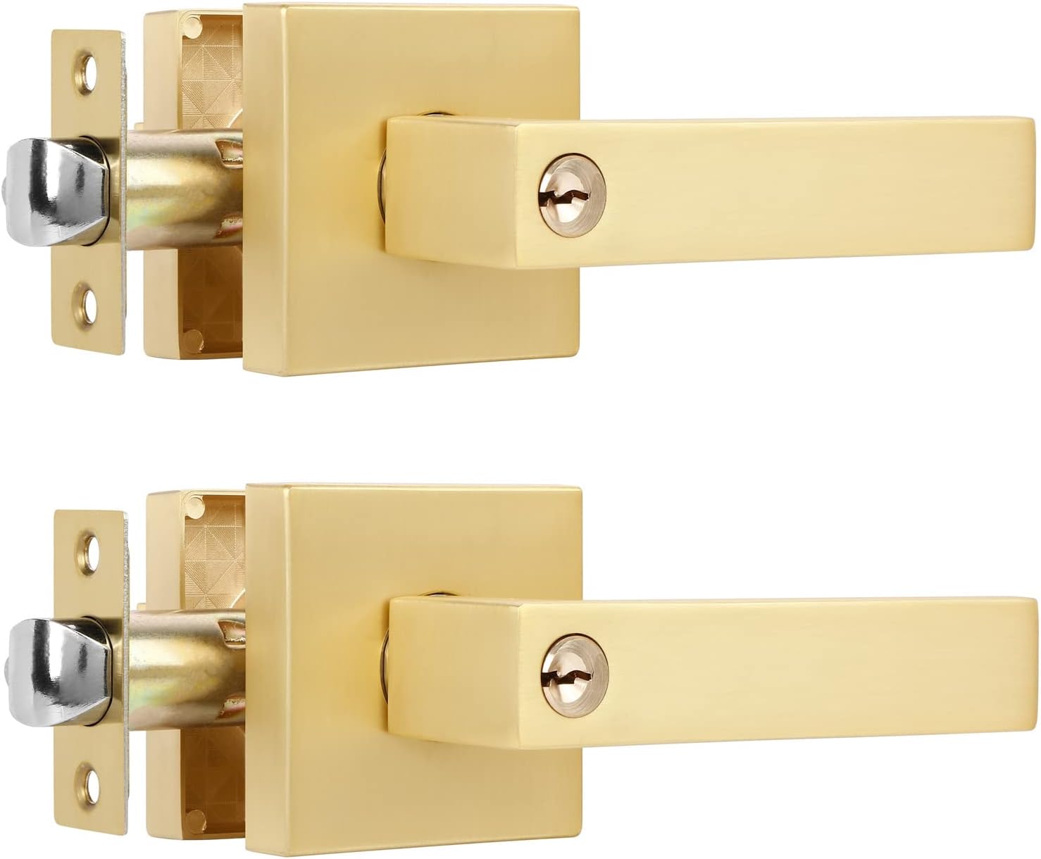 2 Pack Gold Door Handles Interior with Keys(Keyed Alike), Exterior Door Handles Brass Door Knobs, Gold Door Knobs Interior and Locked Inside with Button, Left or Right Handing