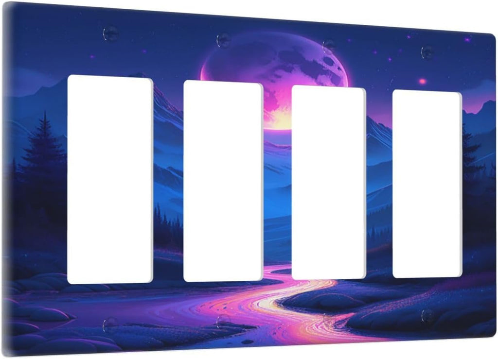 Purple Cyberpunk River Full Moon Mountain Forest Wallplates 4 Gang Quad Rocker Decorative Light Switch Covers Electrical GFCI Faceplate Switch Plate for Bedroom Bathroom Decor