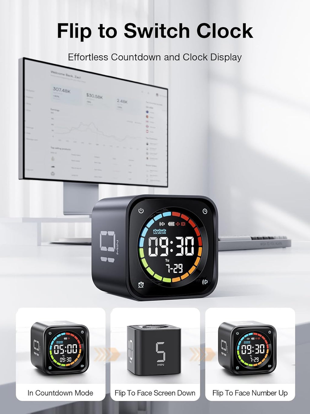 TK3 Pomodoro Timer Cube, Desk Productivity Timer with 5/10/30/60 Min Presets, Custom Countdown, Stopwatch, Clock, 3 Alarm, Silent, Vibrate & Sound Mode, for Task, ADHD, Study, Kitchen (Obsidian Black)