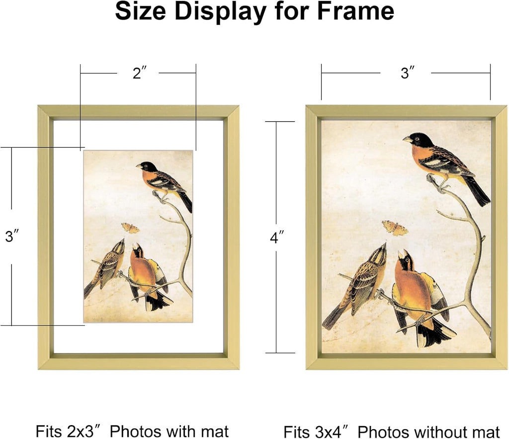 3x4 Picture Frame Set of 3, Brass Aluminum Metal Photo Frames with HD Glass, Fits 2x3 with Mat or 3 x 4 without Mat, Display for Wall and Table