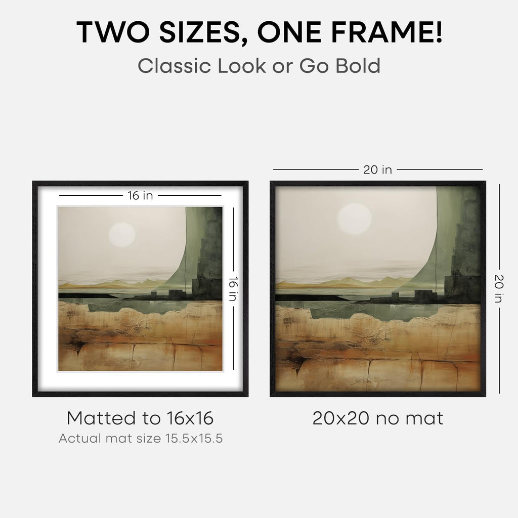 Homeforia 20x20 Black Wood Frame, High End Oak 20 x 20 Square Picture Frames with Mat 16 by 16 inches Photo, 20by20 Black Wooden Poster Frames Matted to 16x16 Print, Tempered Glass, Wall Kit, Set of 3