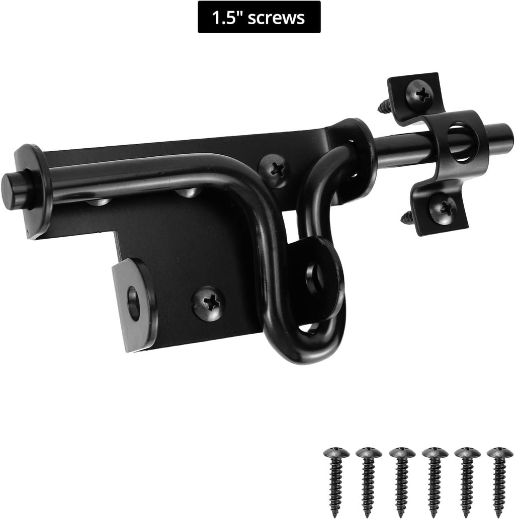 QWORK Slide Bolt Gate Latch, Heavy-Duty Gate Lock with Padlock Hole for Wooden Vinyl Fence Barn Doors – 6-3/8" Black, 2 Pack