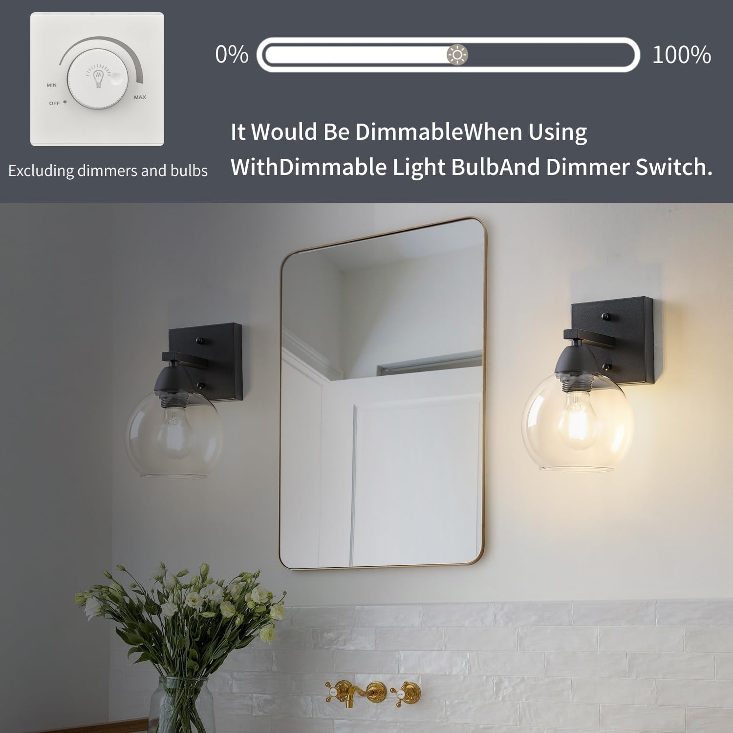 Bathroom Light Fixtures, 1-Light Matte Black Vanity Light with Hand-Blown Thick Glass Shade, High Clarity & Durable, Wall Sconce for Mirror, Kitchen, Bedroom, Hallway