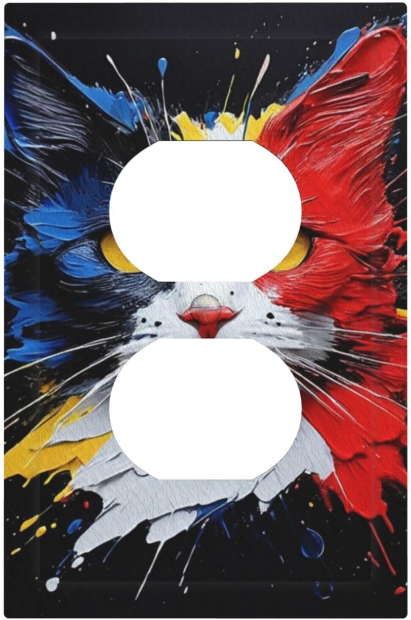 Decorative Outlet Covers Colorful Doodle Cute Funny Black Red White Cat 1 Gang Duplex Light Switch Cover Plate Wall Plates for Electrical Outlets Switchplate Faceplate