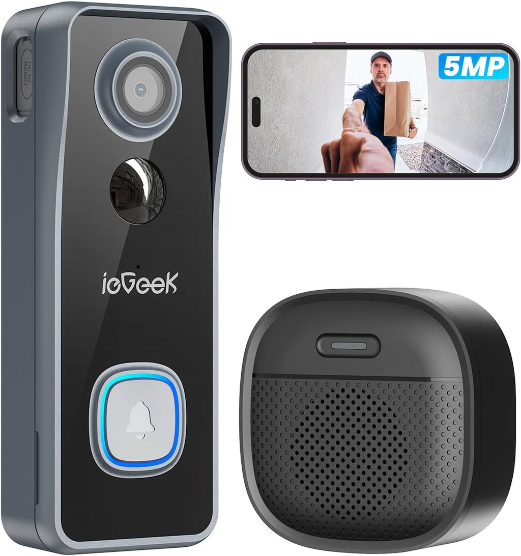 ieGeek 5MP Doorbell Camera Wireless No Subscription- Video Doorbell Wireless with Chime, Doorbell with Camera, Voice Changer, 2-Way Audio, PIR Motion Detection, 2.4Ghz WiFi, Compatible with Alexa