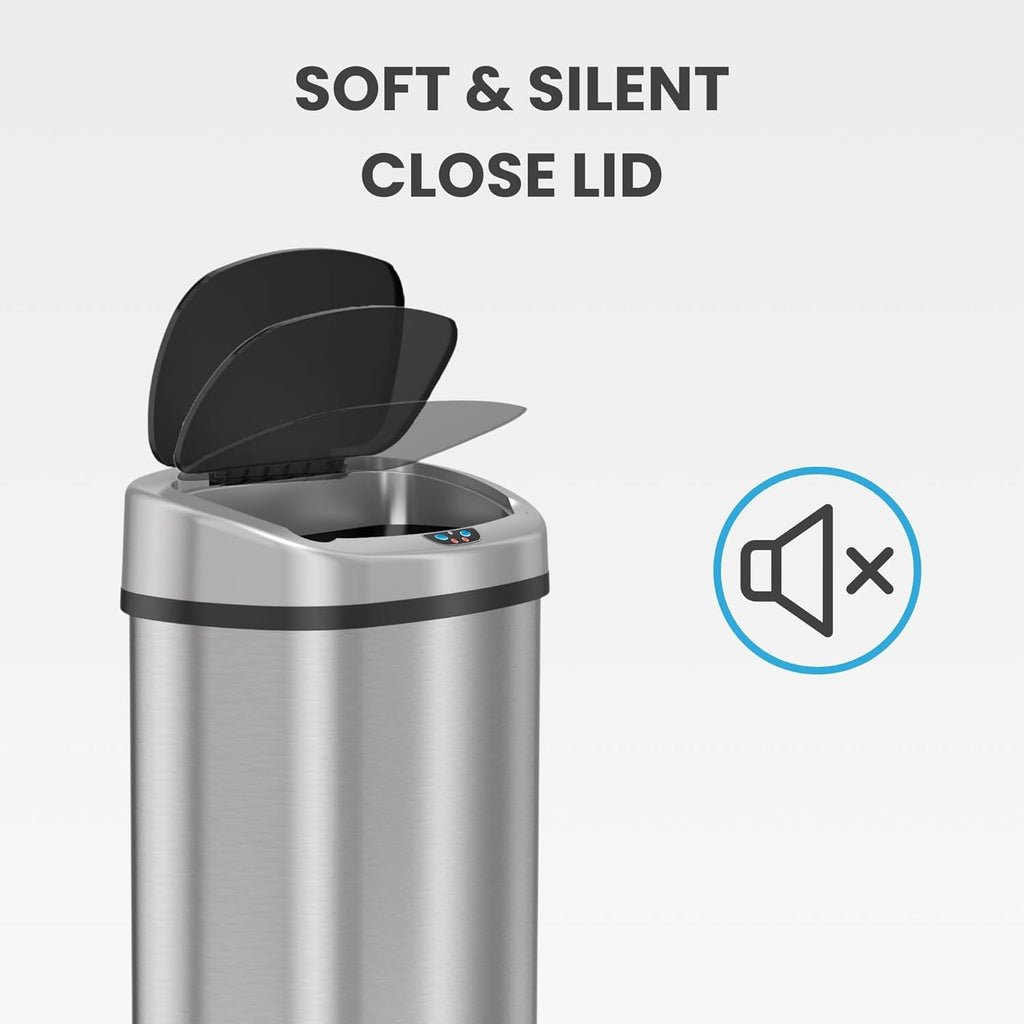 SensorCan 50 Liter / 13 Gallon Kitchen Trash Can with AC Adapter & Odor Filter – Motion Sensor Stainless Steel Garbage Bin for Home, Office, Garage – Slim Oval Shape, Large Capacity Design