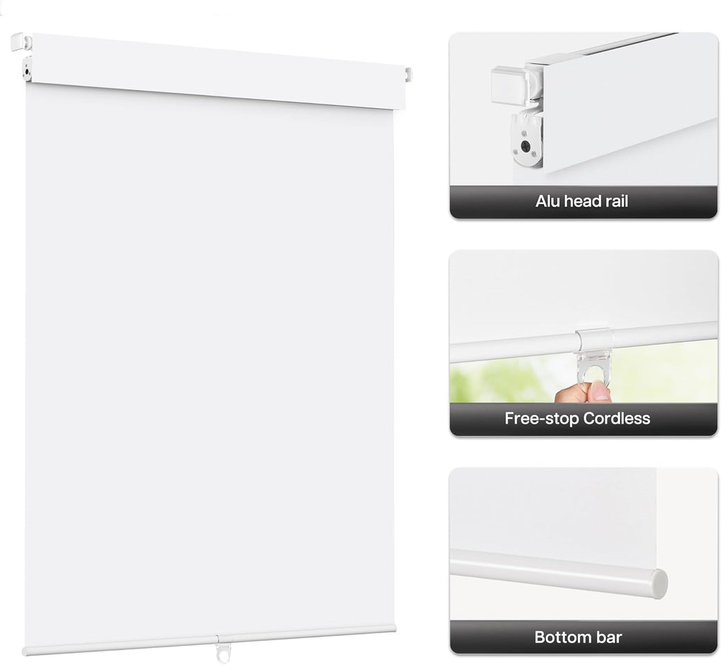 LazBlinds No Drill Blinds for Indoor Windows, Blackout Roller Shades, Cordless Window Blackout Blinds, Thermal Insulated Fabric UV Protection for Home and Office, 39" W x 72" H, White