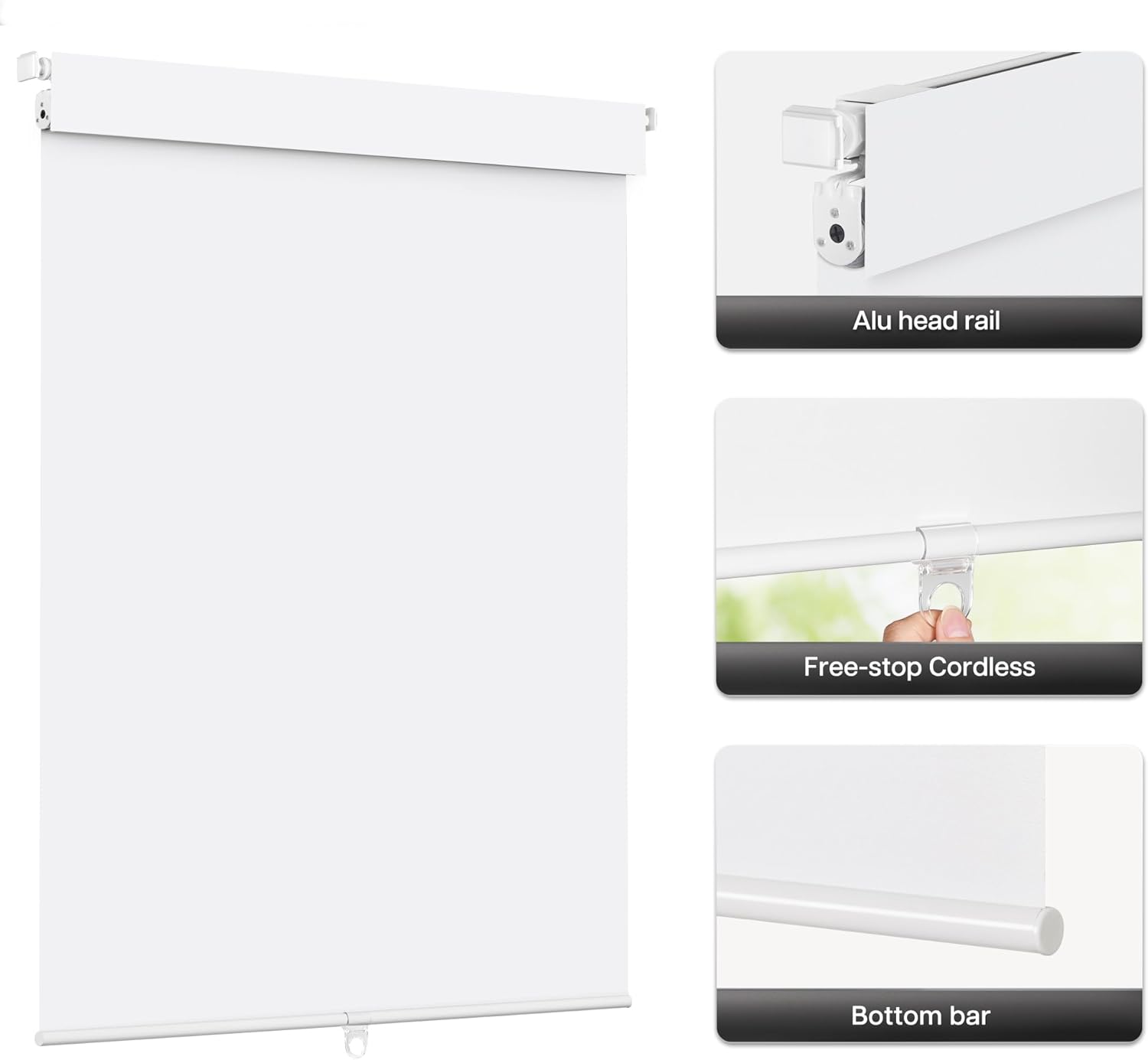 LazBlinds No Drill Blinds for Indoor Windows, Blackout Roller Shades, Cordless Window Blackout Blinds, Thermal Insulated Fabric UV Protection for Home and Office, 30" W x 48" H, White