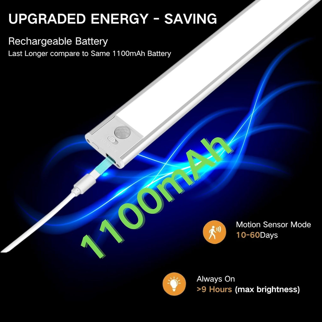 Motion Sensor Under Cabinet Lighting-Magnetic Rechargeable Closet Lights for Kitchen,Stairs,Wardrobe | 3-Color Dimmable LED Under Counter Lighting | Pro Battery Upgrade (2, 8 inch)