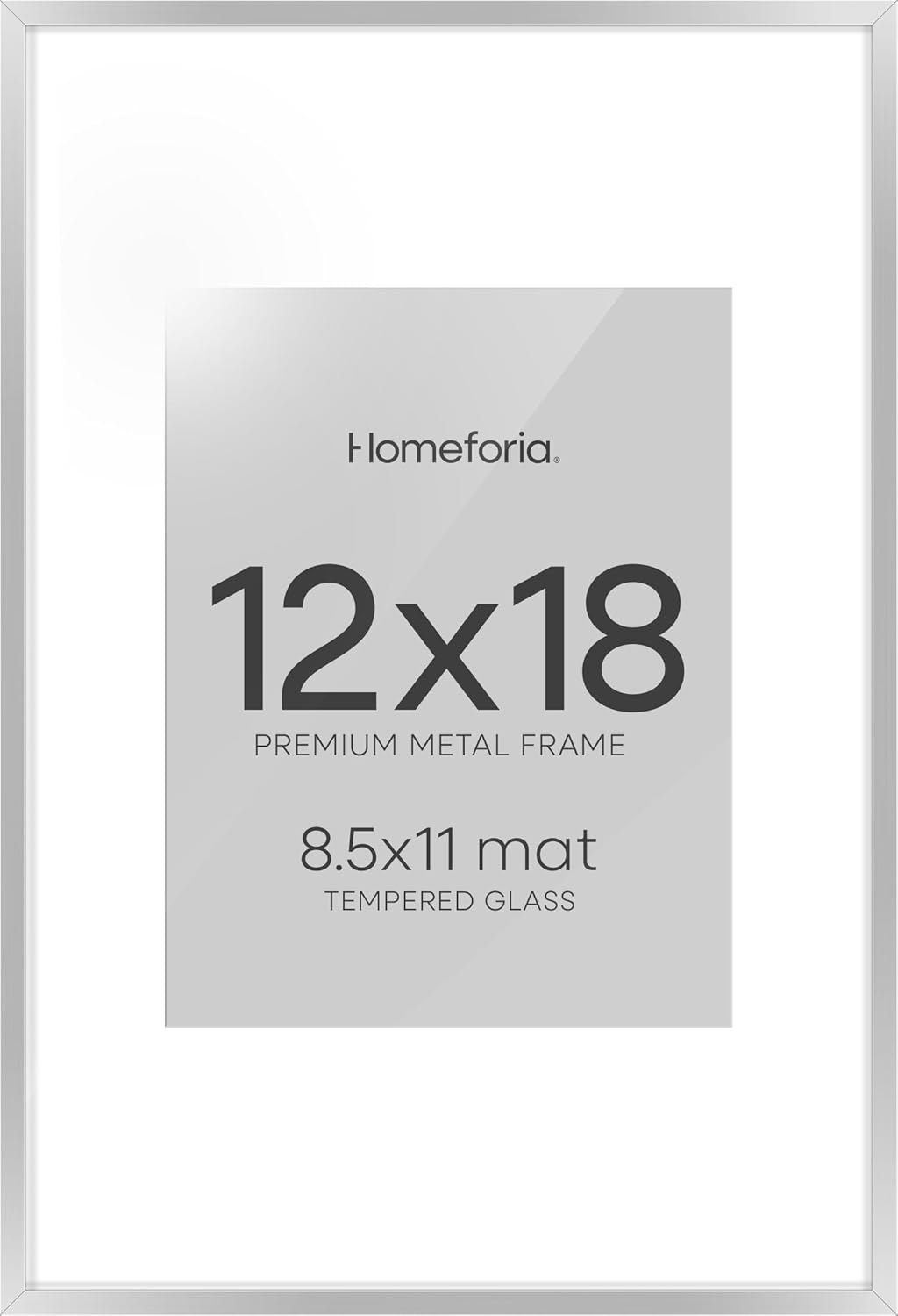 Homeforia 12x18 Silver Frame, High End Metal 12 x 18 Picture Frames with Mat 8.5 x 11 Photo, 18x12 Silver Poster Frame Matted to 11x8.5 Print, 18by12 Hanging Frames, Tempered Glass, Wall Kit, Set of 1