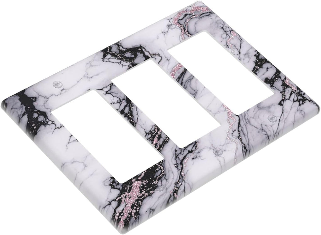Light Switch Covers White Marble Pattern Black Lines Pink Lines 3 Gang Rocker Electrical GFCI Decorative Triple Outlet Wall Plate Cover Switchplate for living Room Office Decor