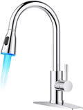 FORIOUS LED Kitchen Faucet with Pull Down Sprayer, Chrome Single Handle Stainless Steel Traditional Sink Faucets with LED Light Sprayer Head, Suitable for Farmhouse Laundry Camper Rv Bar