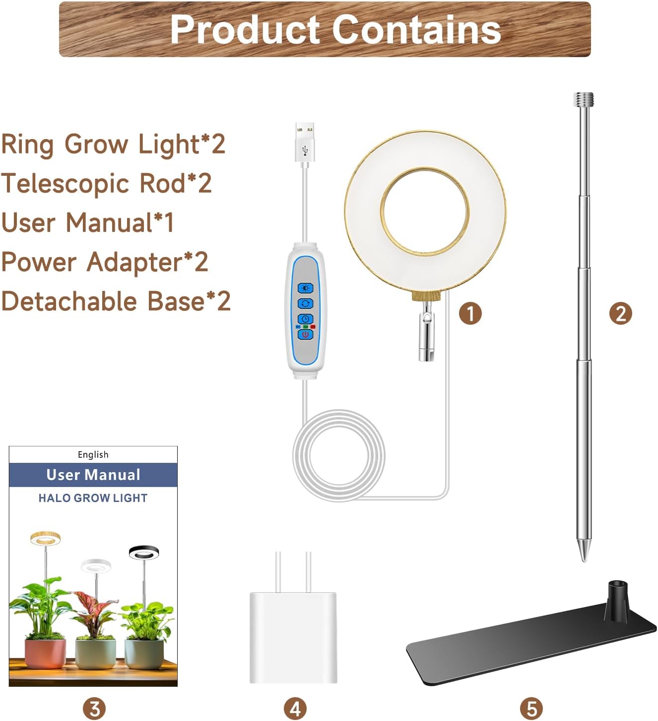 Plant Grow Light, 48 LEDs Full Spectrum Grow Lights for Indoor Plants, Height Adjustable Faux Wood Grain Small Grow Light with Base, 3 Optional Spectrums, Auto Timer 6/12/16Hrs, 5 Brightness