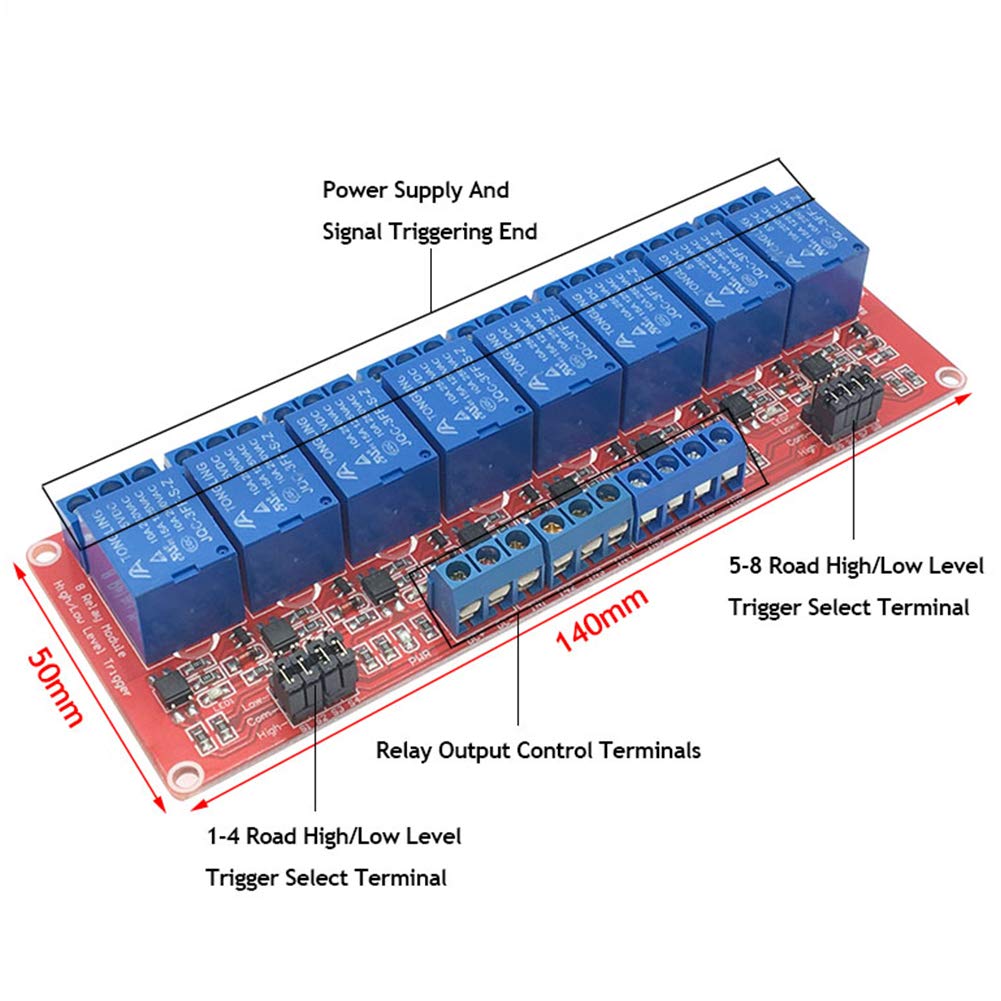Relay Module with Optocoupler High/Low Level Trigger for Arduino (5, 5V Relay 8 Channel)