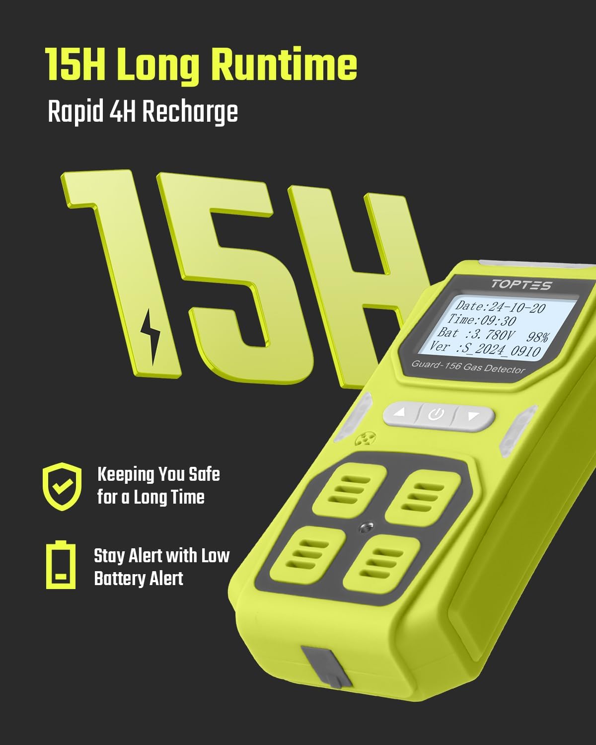 Guard-156 4 Gas Monitor Multi Gas Detector for H2S, CO, LEL, and O2, Triple Alarm Modes (Visual, Vibration, Sound), 0.5s Fast Response, Dust and Explosion Proof Design for Work and Home Safety - Green