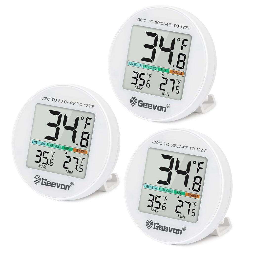 Geevon Small Digital Refrigerator Thermometer 3 Pack, IP65 Waterproof Commercial and Home Use, Max/Min Record Function with LCD Screen, Stand and Magnetic Back, for Fridge, Freezer Scenarios
