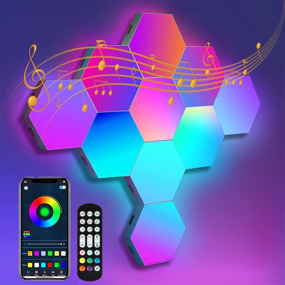 6 Pack Hexagon LED Wall Light Panels: Smart RGB Color-Changing Hexagon Lights with App & Remote Control, Music Sync Mode, Customizable DIY Wall Decor for Bedroom, Gaming Room, Home Theater
