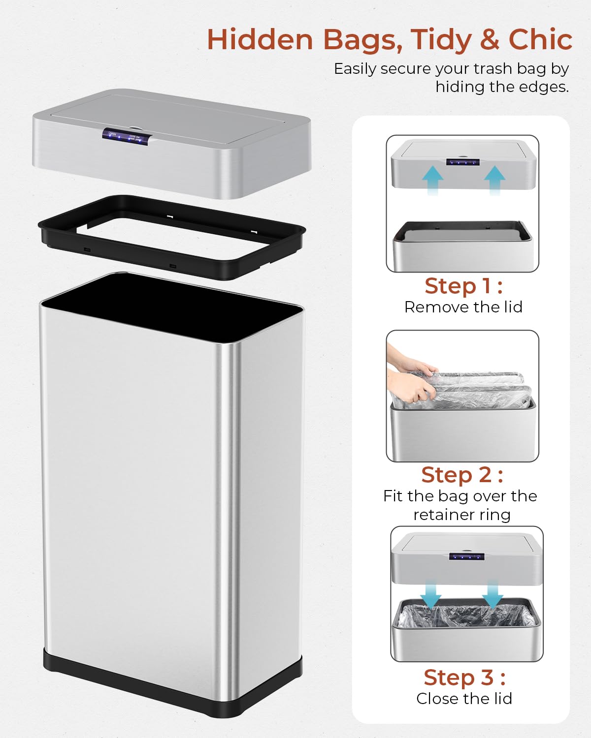 TLSUNNY 18.5 Gallon Motion Sensor Trash Can,Touchless Automatic Garbage Can,Brushed Stainless Steel Smart Bin,with Bag Holder,Soft Close Lid,for Kitchen,Office,RV,Bedroom,Living Room (Silver, 70L)