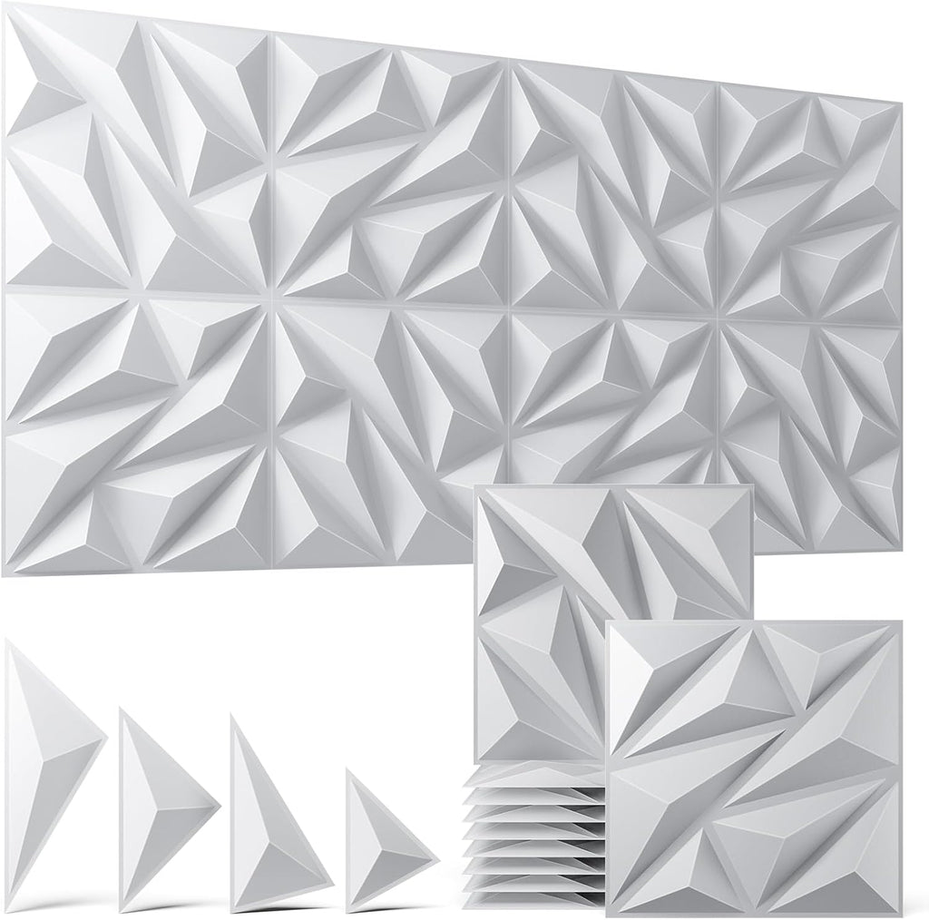 48 Pack White 3D Wall Panels for Interior Wall Decor, 11.8'' x 11.8'' Decorative Wall Panels, Accent Wall Panels, 3D Diamond Design Wall Decor for Living Room, Bedroom, Gaming Room