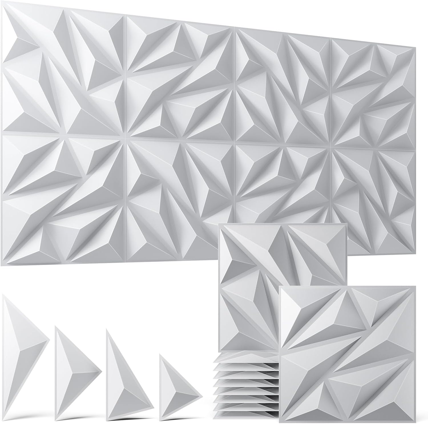 48 Pack White 3D Wall Panels for Interior Wall Decor, 11.8'' x 11.8'' Decorative Wall Panels, Accent Wall Panels, 3D Diamond Design Wall Decor for Living Room, Bedroom, Gaming Room