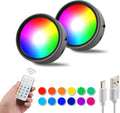 DAMI Under Cabinet Lighting with Remote Control, Rechargeable Battery Operated Wireless Shelf Light, Stick on Tap, Color Changing Magnetic Puck Lights for Kitchen, 2 Pack, Black