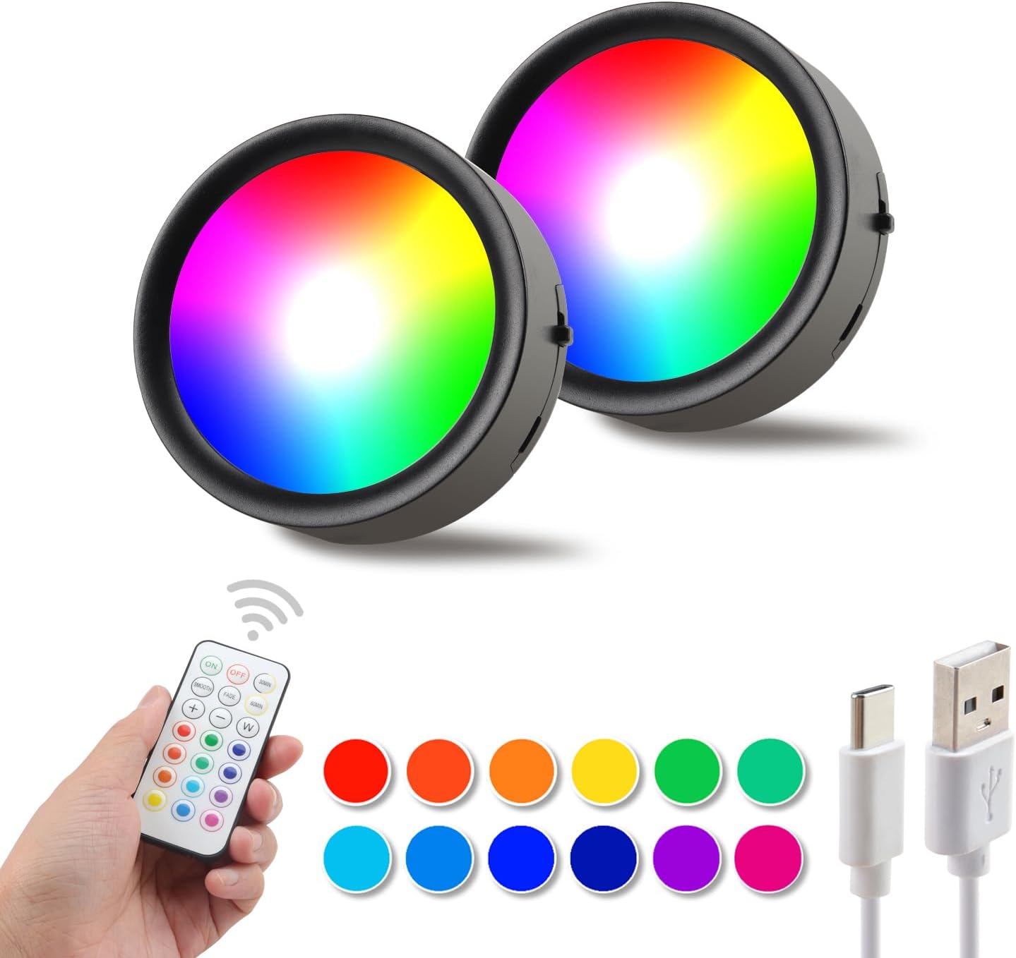 DAMI Under Cabinet Lighting with Remote Control, Rechargeable Battery Operated Wireless Shelf Light, Stick on Tap, Color Changing Magnetic Puck Lights for Kitchen, 2 Pack, Black