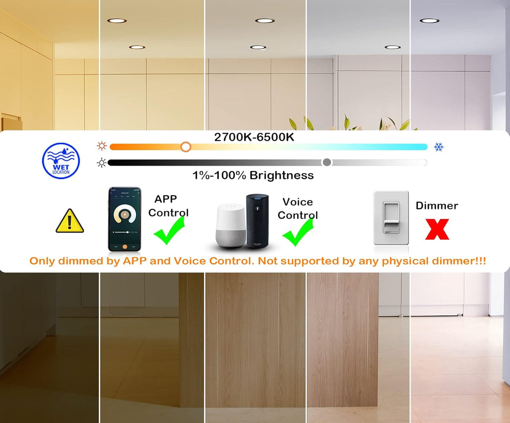 [6 Pack] CLOUDY BAY 4inch Smart WiFi LED Recessed Lights,RGB Color Changing Recessed Lighting,Compatible with Alexa and Google Home Assistant,10W 2700K-6500K,CRI90+ Wet Location,Oil Rubbed Bronze