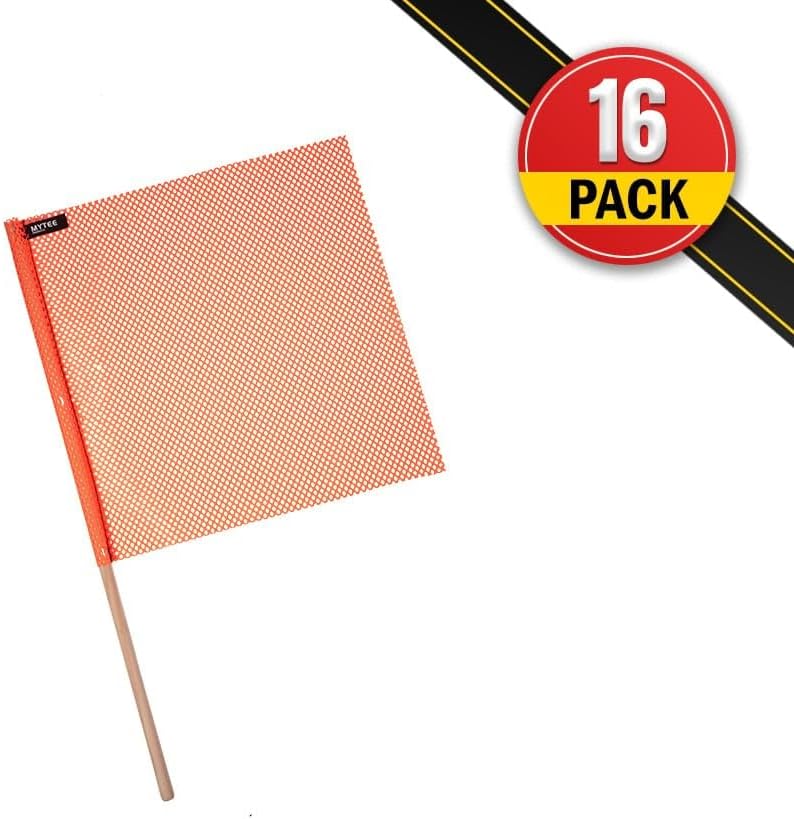 Mytee Products (16 Pack) 18"x18" Orange Safety Flags for Truck Loads w/Dowel - DOT Compliant Jersey Mesh Warning Flags on Stick for Oversize Wide Load, Construction, Road Traffic, Pedestrian Signs