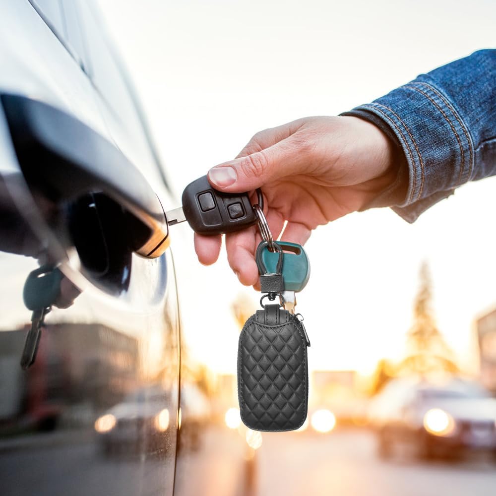 MiOYOOW 2PCS Car Smart Key Case, Leather Car Key Organizer Car Key Chain Bag with Metal Hook for Remote Key Fob