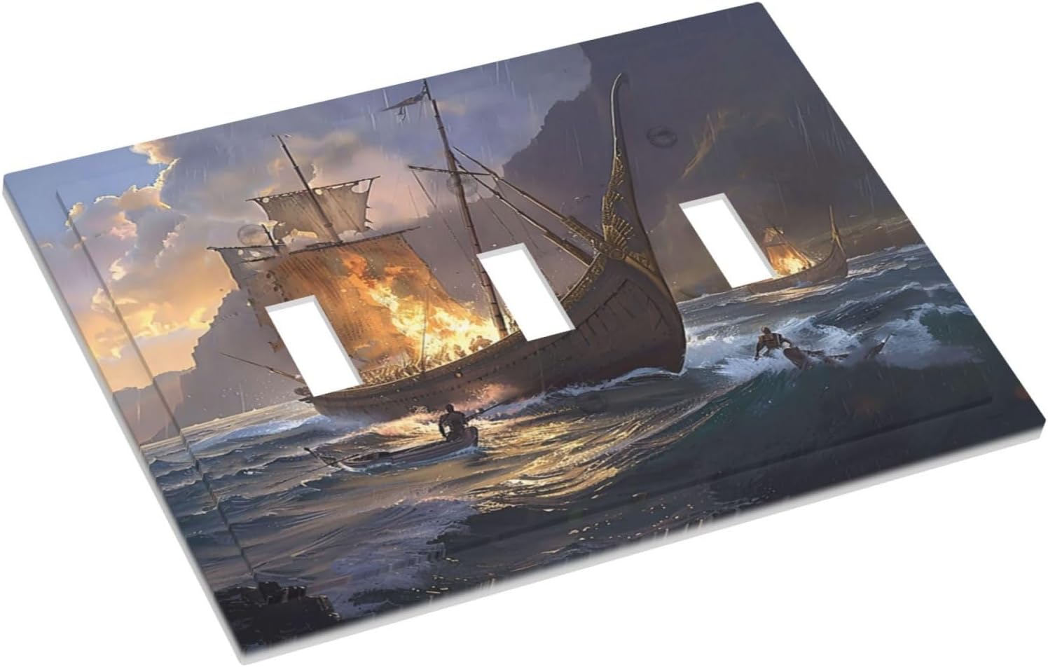 Decorative Light Switch Cover Plate Medieval Vintage Sailing Adventure Sailings Ocean Waves 3 Gang Wall Plate Triple Toggle Switch Plate Covers Electrical Outlet Cover for Bedroom Cabin