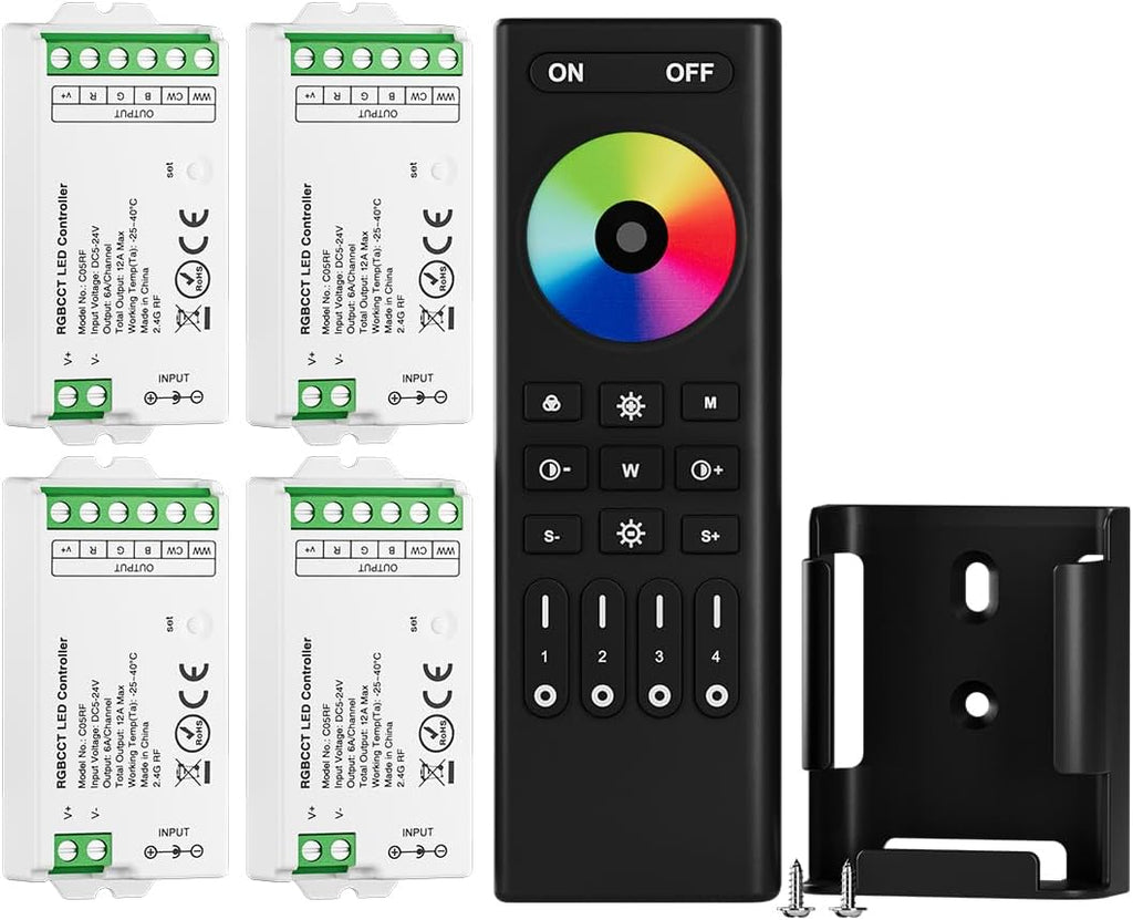 BTF-LIGHTING 5050SMD FCOB COB RGBCCT RF 2.4GHz Wireless Remote RC03RFB &4PCS C05RF Tuya Controller Kit 4 Zones Group Control PWM RGBWW (+ R G B C W) 6pin LED Strip DC5V DC12V DC24V