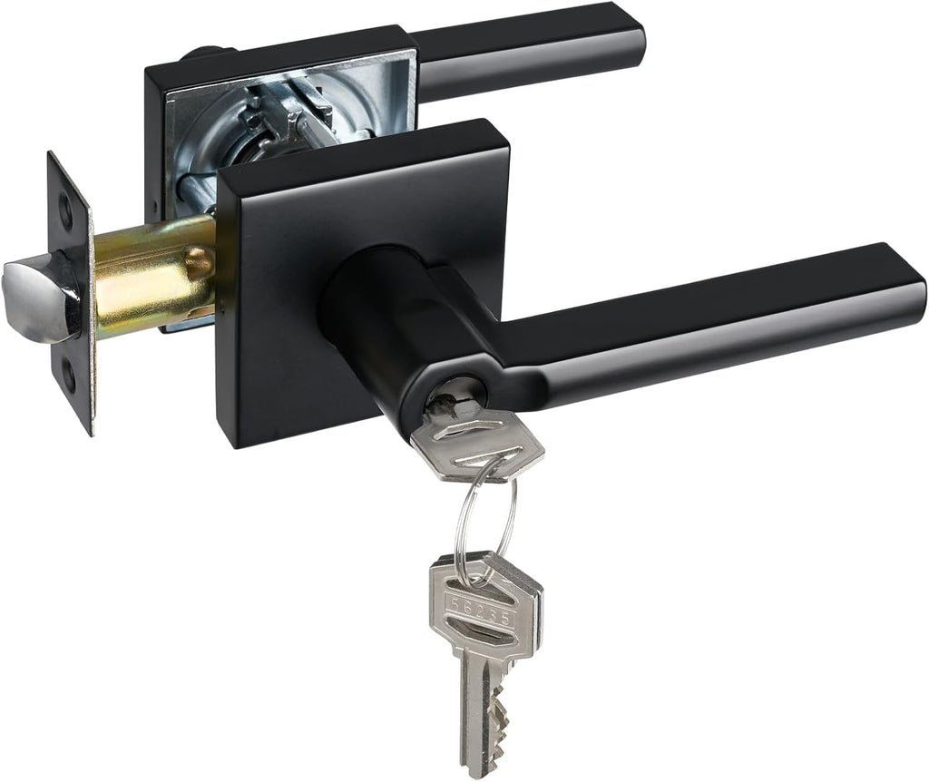 Keyed Entry Door Lever with Lock, Heavy Duty Square Interior Handle for Front Door and Office, Matte Black, Reversible for Right&Left Handed, 1Pack