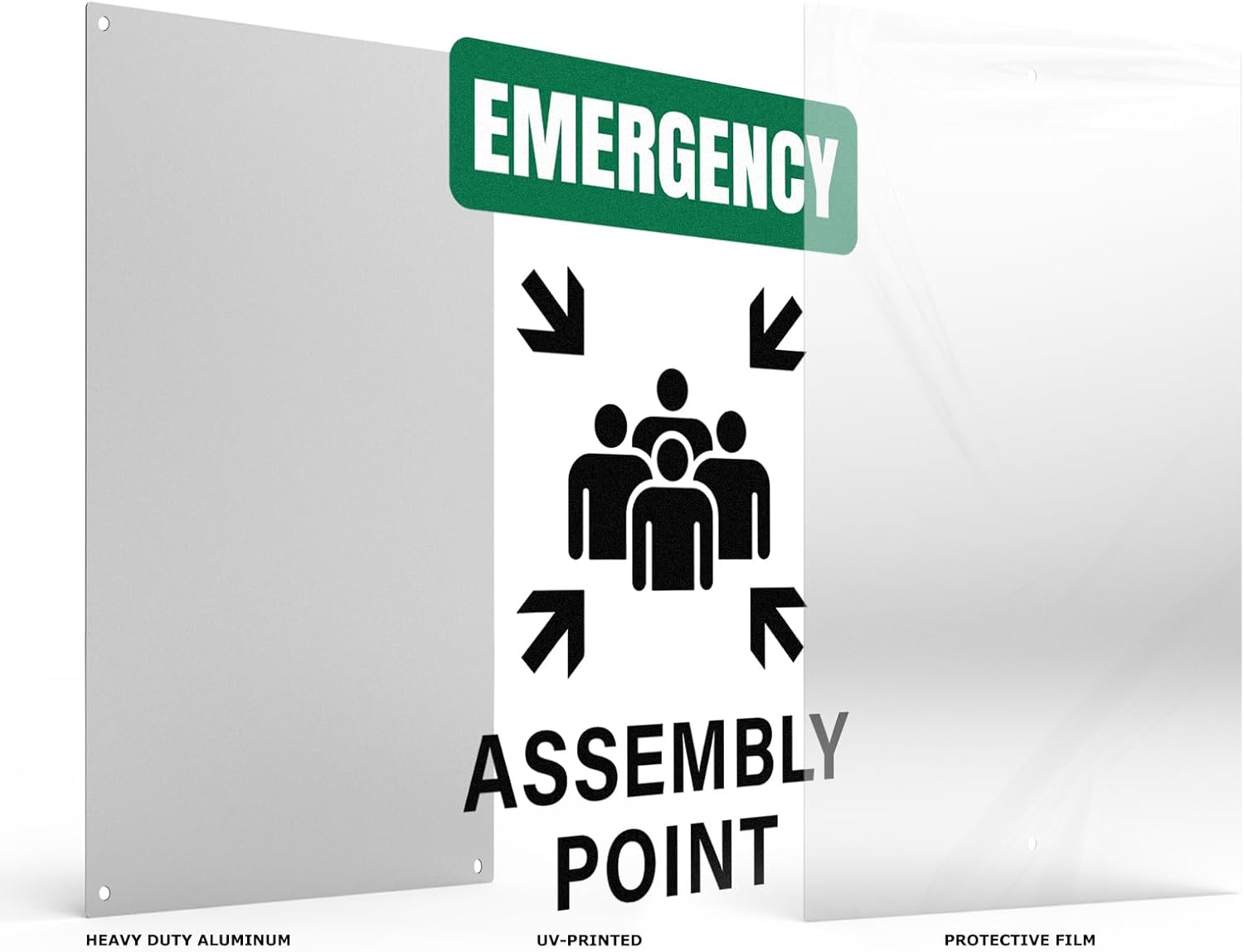 Emergency Assembly Point Sign with Pre-Drilled Holes 18 × 12 Inches Reflective Aluminum Waterproof Signage for Warehouse School Hospital