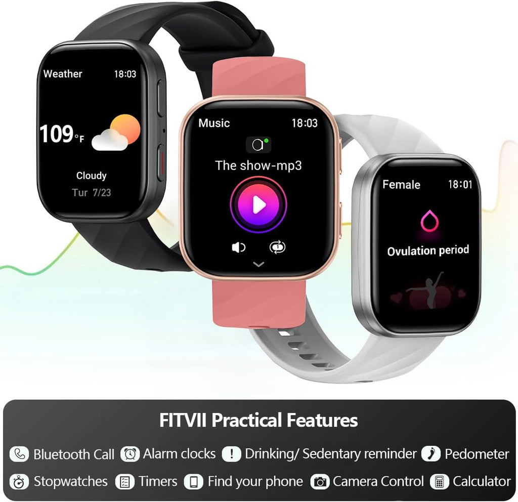 FITVII Health & Fitness Tracker (Answer/Make Calls), Smart Watch with 24/7 Heart Rate and Blood Pressure, Sleep Tracking, Blood Oxygen Monitor, 120+ Sport Modes Activity Tracker for Women Men
