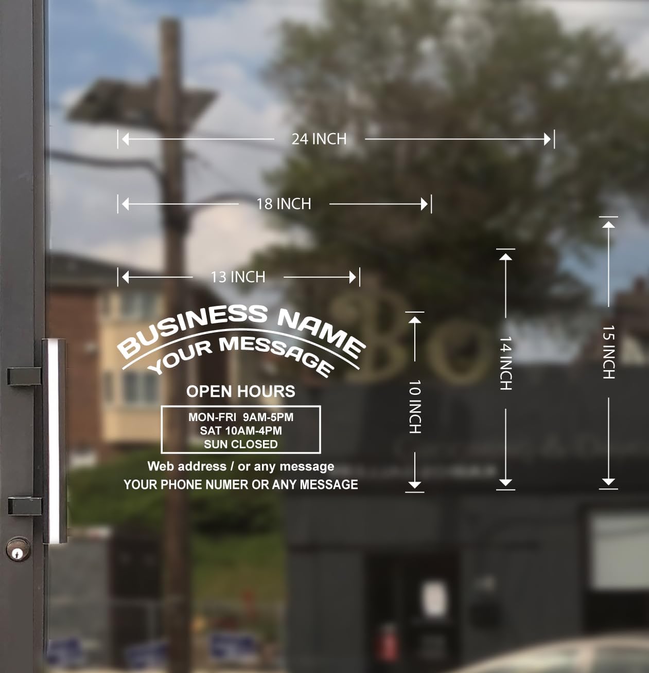 Business Hours Sign for Window – Two Title Lines (Two Arc Lines)